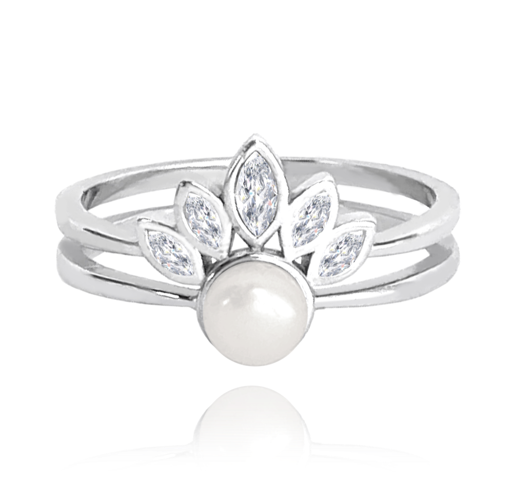MINET Stříbrný prsten s perlou a bílými zirkony Velikost prstenu: 51