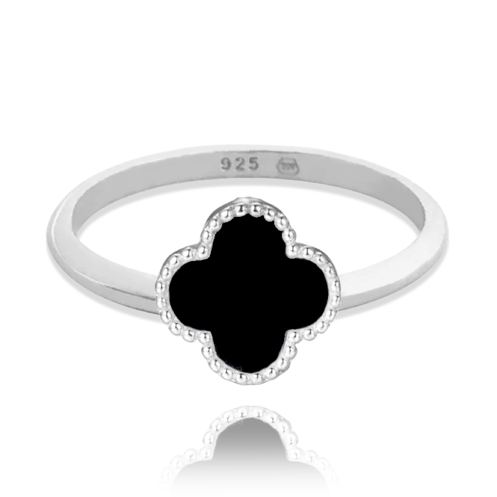 MINET Stříbrný prsten čtyřlístek s onyxem vel. 52 Velikost prstenu: 52