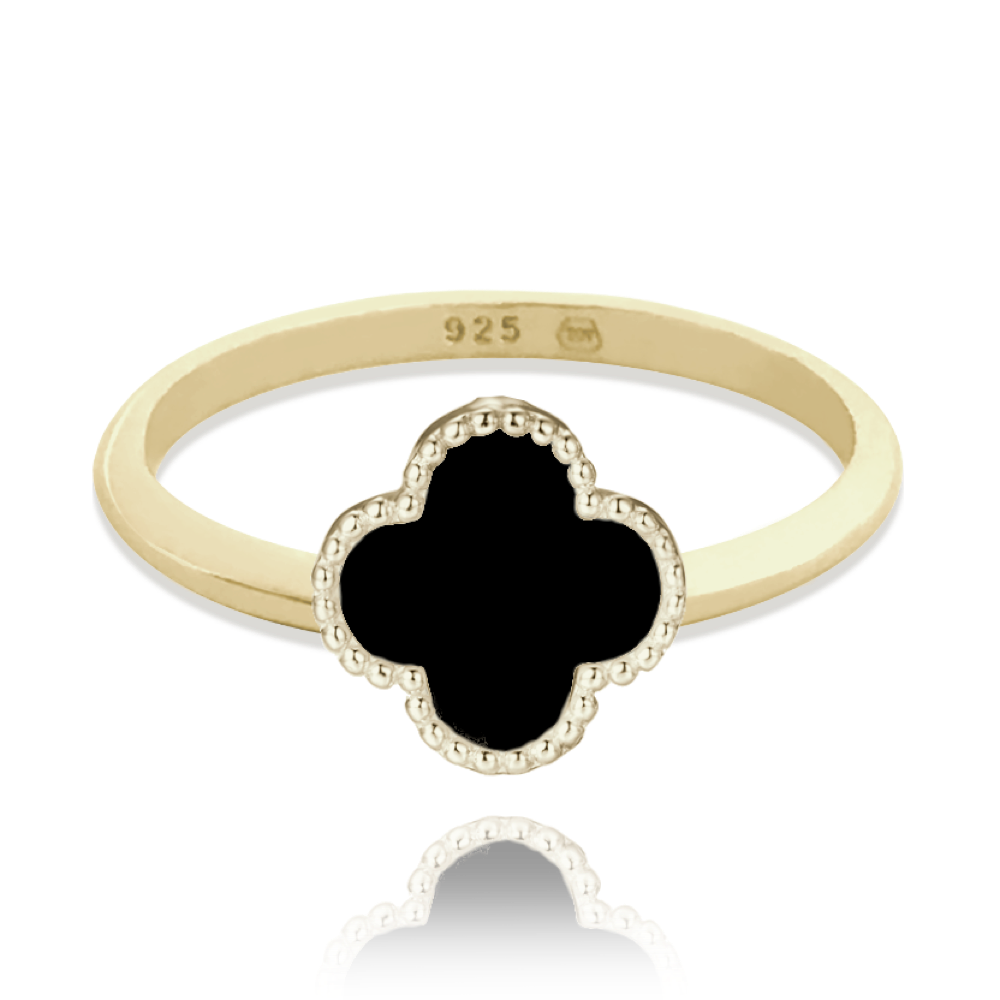 MINET Pozlacený stříbrný prsten čtyřlístek s onyxem vel. 54 Velikost prstenu: 54