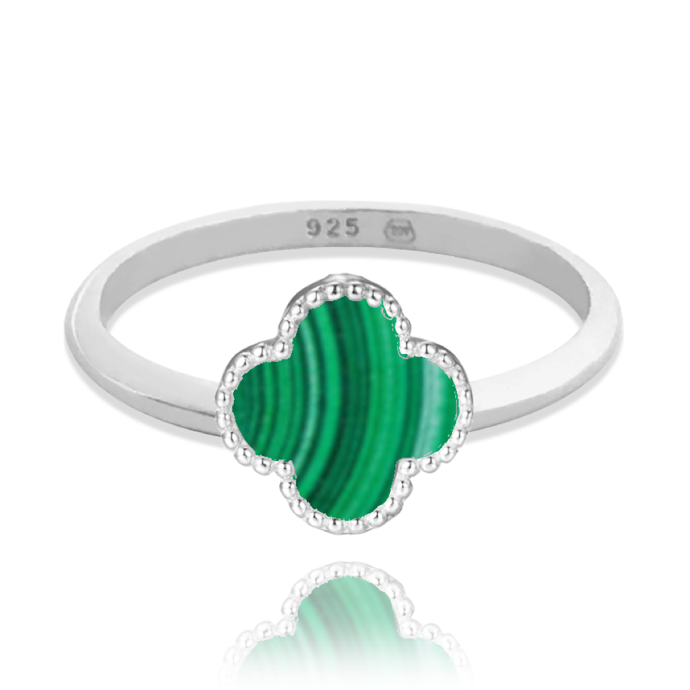 MINET Stříbrný prsten čtyřlístek se zeleným malachitem vel. 52 Velikost prstenu: 52