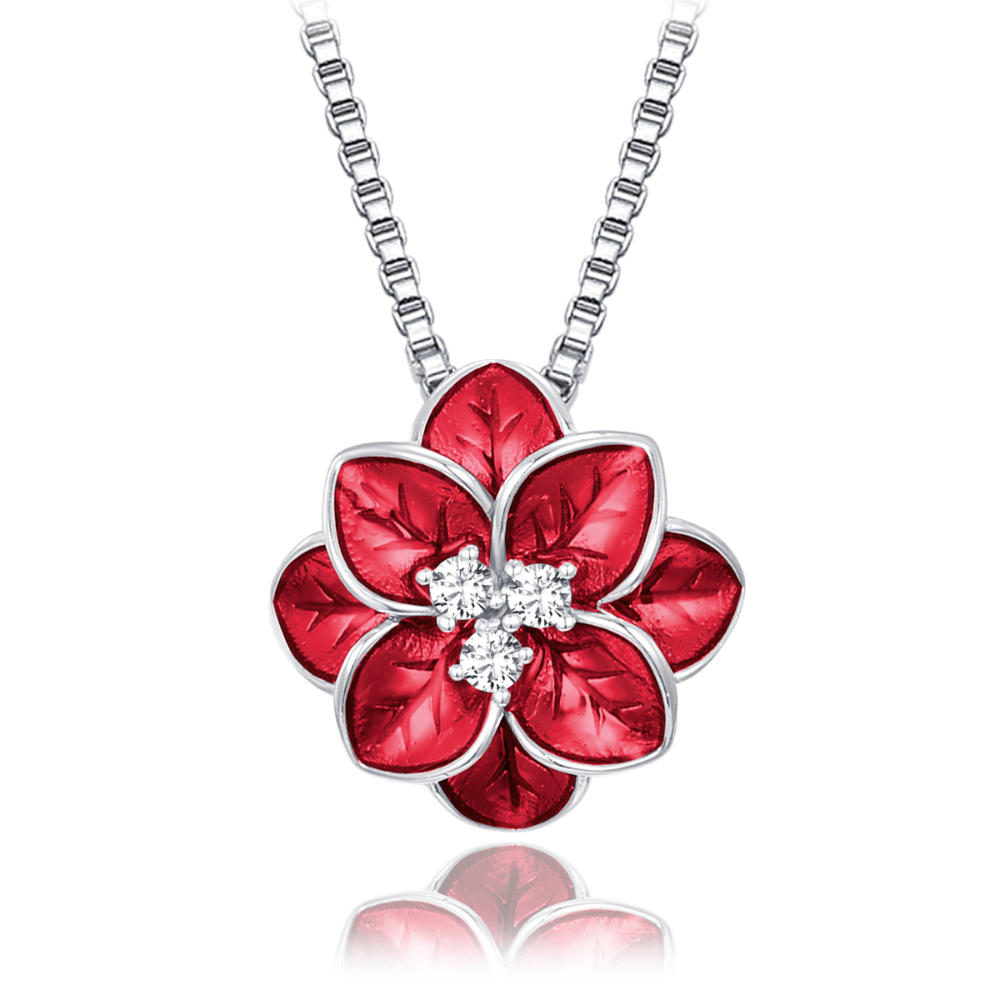 MINET Stříbrný náhrdelník červená kytička s bílými zirkony