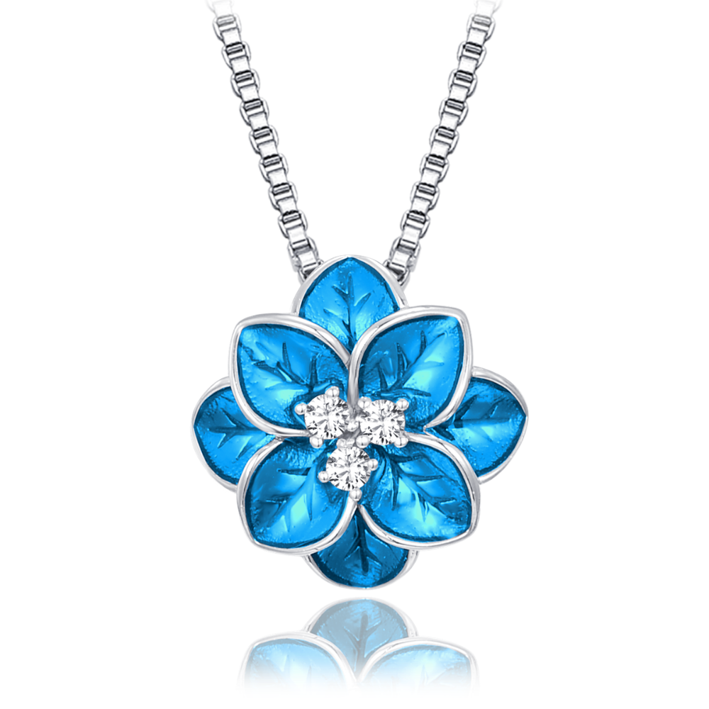 MINET Stříbrný náhrdelník modrá kytička s bílými zirkony