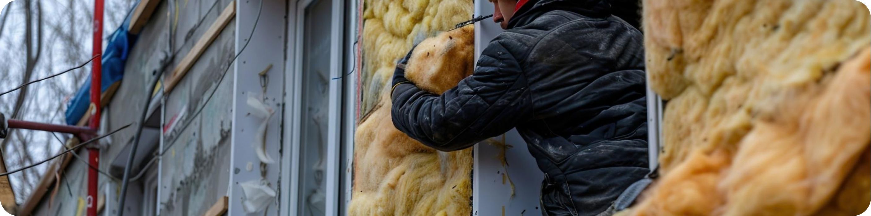 Muž vkladá tepelnú izoláciu do fasády domu