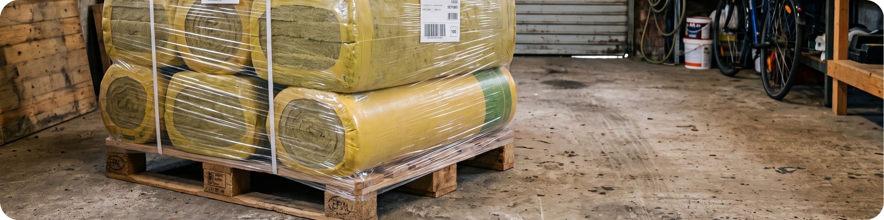 Tepelné izolácie naskladané na palete v garáži