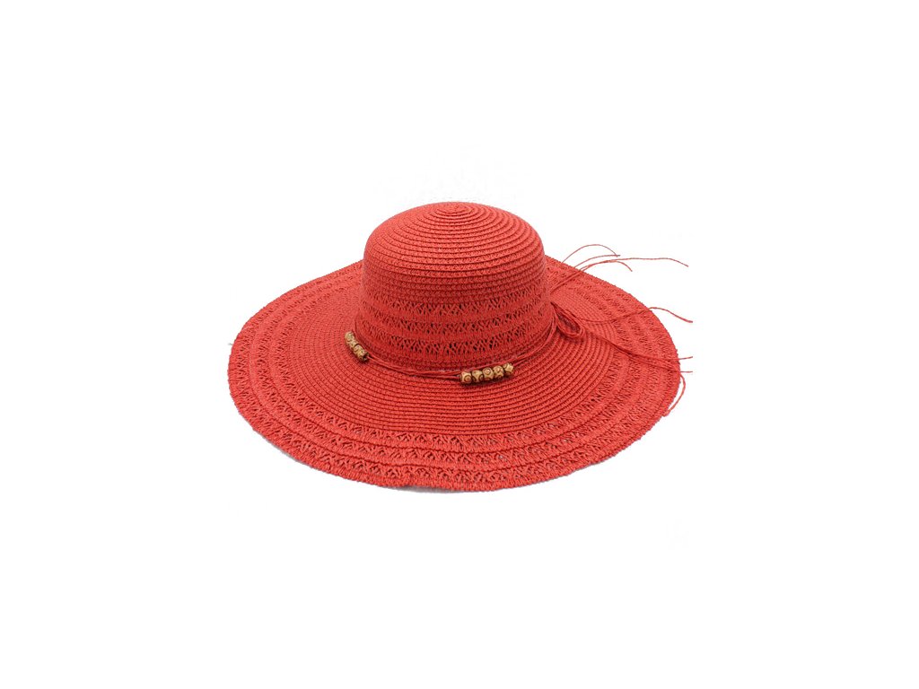Dámský letní klobouk Beatrix s provázkem a korálky okolo koruny červený