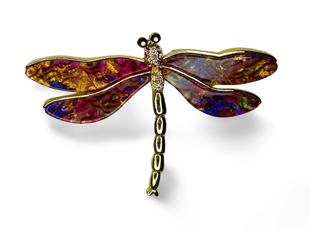 Klobouky Audrey D Bijoux Dámská brož vážka zlatá s fuchsiovými duhovými křídly zezadu