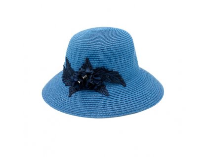 Bonneta Hologramme Paris Dámský letní cloche klobouk s květinovou aplikací Joanna modrý