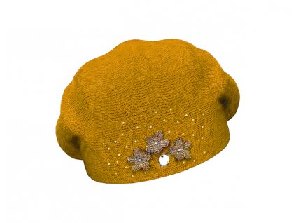 Klobouky Audrey Rabionek Dámský vlněný pletený baret s květinami a kamínky Elise hořčicový