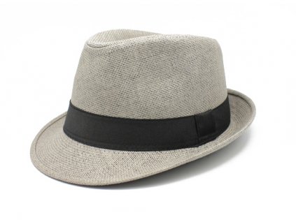 Bonneta Hologramme Paris Unisex letní trilby klobouk světle šedý s černou stuhou Kilian outfit