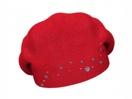Bonneta Rabionek Dámský vlněný pletený jednobarevný baret Suzette červený s perličkami