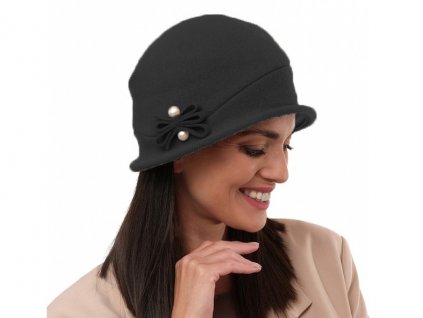 Bonneta Rabionek Dámský vlněný klobouk s plastickou ozdobou a dvěma perličkami Ruth černý