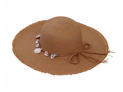 Bonneta Dámský letní cloche klobouk s provázkem a mušlemi okolo koruny Adeline hnědý
