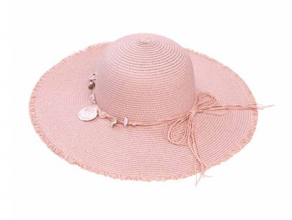 Bonneta Dámský letní cloche klobouk s provázkem a mušlemi okolo koruny Adeline růžový