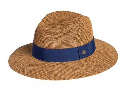 Bonneta Karfil Unisex letní fedora klobouk s modrou stuhou okolo koruny Urbain hnědý