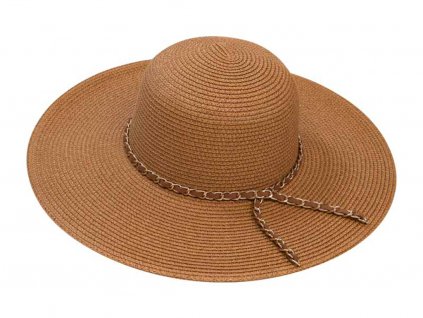 Bonneta Karfil Hats Dámský letní klobouk Megane hnědý s řetízkem okolo koruny