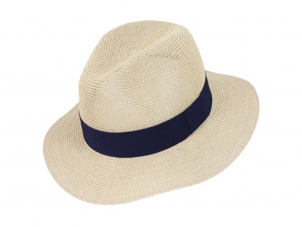Bonneta Karfil Unisex letní fedora klobouk s modrou stuhou okolo koruny Urbain béžový