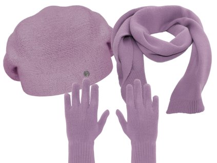 Bonneta Rabionek set dámského baretu Manon, Dámská vlněná šála Zoe, dámské vlněné rukavice Zoe lila