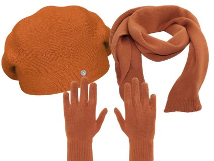 Bonneta Rabionek set dámského baretu Manon, Dámská vlněná šála Zoe, dámské vlněné rukavice Zoe oranžový
