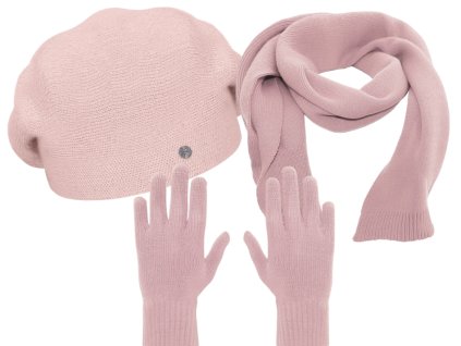 Bonneta Rabionek set dámského baretu Manon, Dámská vlněná šála Zoe, dámské vlněné rukavice Zoe růžový