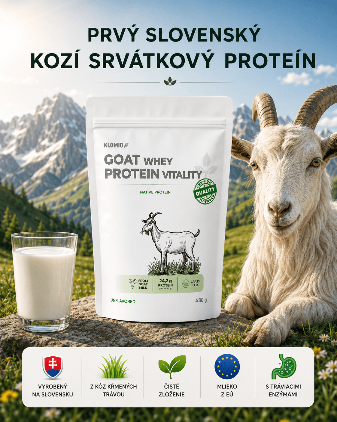 Kozí proteín KLOMIO a goat protein vyrobený na Slovensku