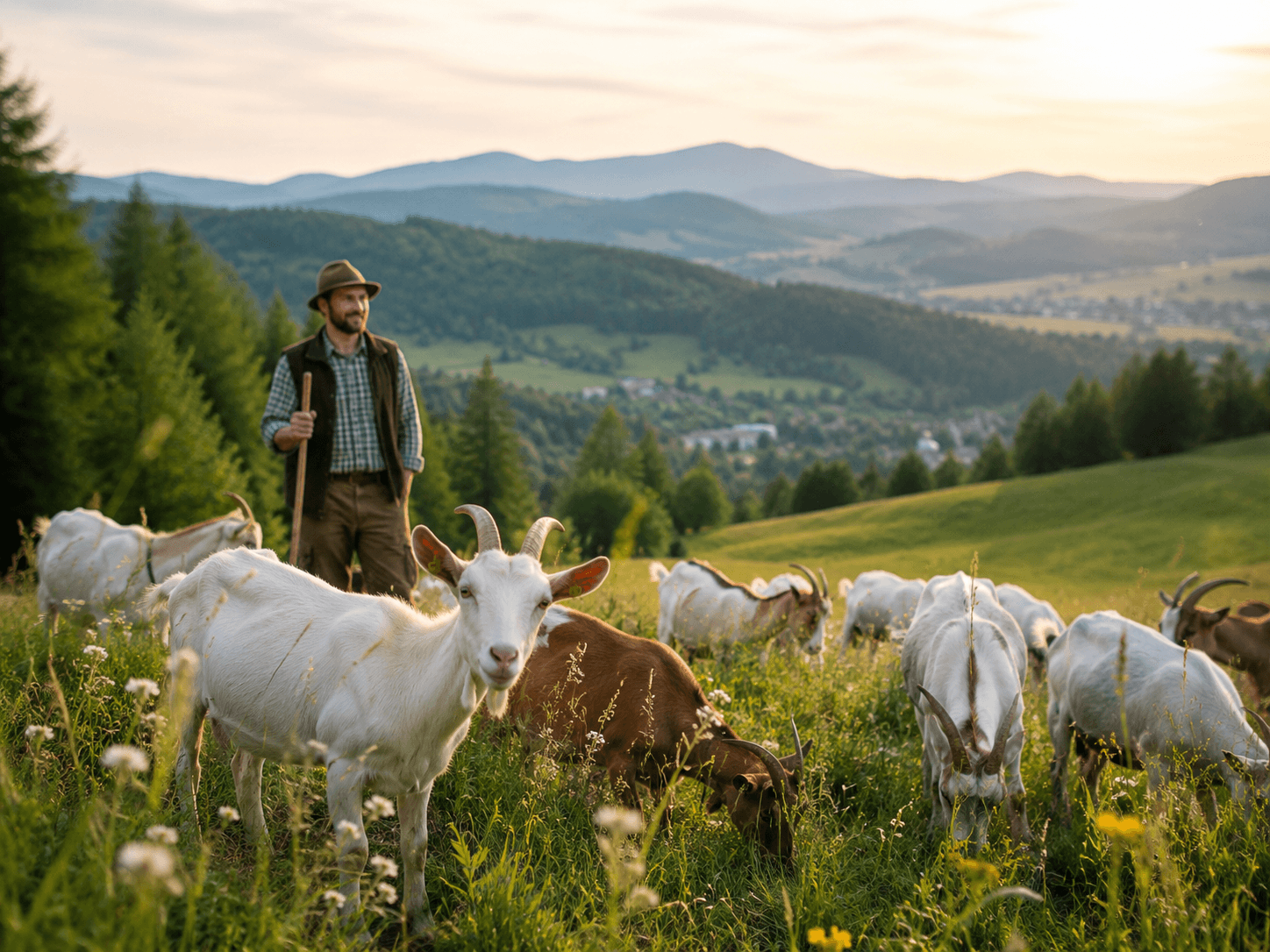 Kozy voľne pasené na lúkach od európskych farmárov