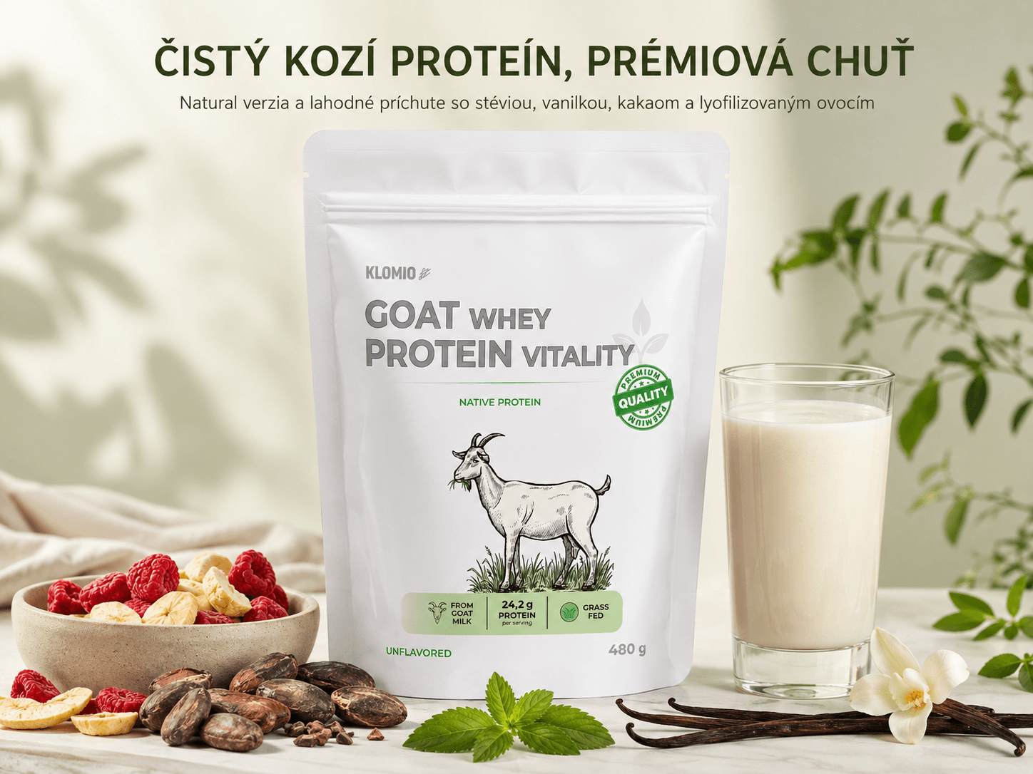 Ochutený kozí proteín so stéviou, kakaom, vanilkou a lyofilizovaným ovocím