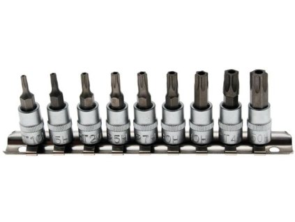 Zástrčné hlavice 1/4" TORX s otvorem TT10-TT50, sada 9 ks na liště - BGS 2165