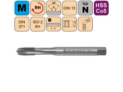 497514 zavitnik strojni m6x1 iso2 hssco5 din 371 b