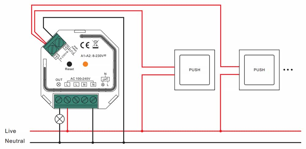 Sunricher ZigBee triakový stmívač 400W (SR-ZG9101SAC-HP) - schéma zapojení push dim