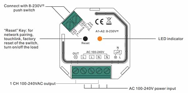 Sunricher ZigBee triakový stmívač 400W (SR-ZG9101SAC-HP) - popis svorek