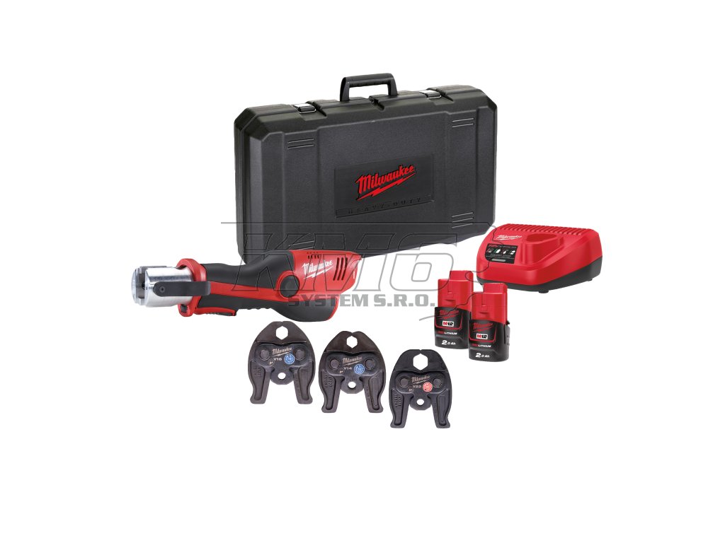 Milwaukee M12 HPT-202C Geberit Mapress Set, Hydraulické akumulátorové krimpovací kleště s 15/22/28 mm čelistmi M profilu Geberit Mapress akumulátorové řady M12™ Force Logic™ v setu se 2 akumulátory M12 B2 a nabíječkou C12 C