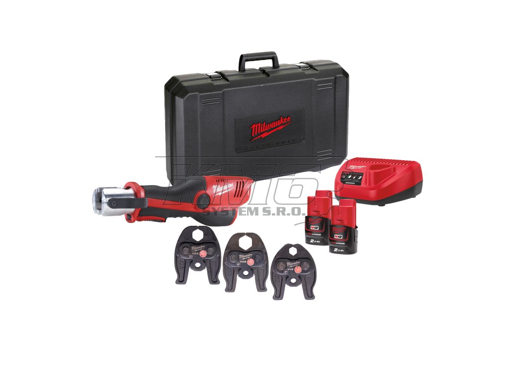 Milwaukee M12 HPT-202C V-SET, Hydraulické akumulátorové krimpovací kleště s 15/22/28 mm čelistmi V profilu akumulátorové řady M12™ Force Logic™ v setu se 2 akumulátory M12 B2 a nabíječkou C12 C
