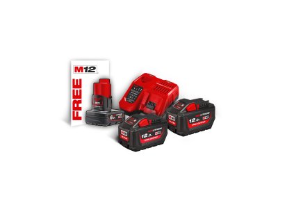 Milwaukee M18 HNRG-122, M18™ HIGH OUTPUT™ NRG sada 2 akumulátorů M18 HB12, 1 akumulátoru M12 B6 a rychlonabíječky M12-18 FC