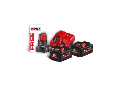 Milwaukee M18 HNRG-802, M18™ HIGH OUTPUT™ NRG sada 2 akumulátorů M18 HB8, 1 akumulátoru M12 B4 a rychlonabíječky M12-18 FC