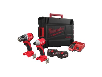 Milwaukee M18 BLCPP2B-402C Sada kompaktního bezuhlíkového nářadí akumulátorové řady M18™. Sada obsahuje vrtací šroubovák M18 BLDDRC-0, 1/4 HEX rázový utahovák M18 BLIDRC-0, 2 akumulátory M18 B4, inteligentní nabíječku M12-18 C, transportní kufr.
