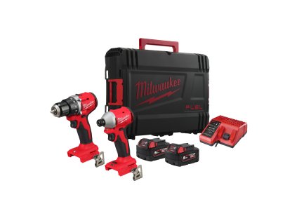 Milwaukee M18 BLCPP2B-502C Sada kompaktního bezuhlíkového nářadí akumulátorové řady M18™. Sada obsahuje vrtací šroubovák M18 BLDDRC-0, 1/4 HEX rázový utahovák M18 BLIDRC-0, 2 akumulátory M18 B5, inteligentní nabíječku M12-18 C, transportní kufr.