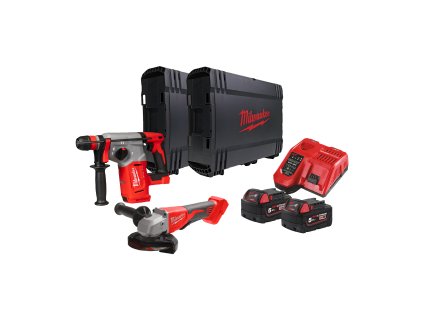 Milwaukee M18 BLPP2G-502X Sada bezuhlíkového aku nářadí akumulátorové řady M18 FUEL™. Sada obsahuje vrtací kladivo SDS-PLUS 26 mm M18 BLHX, 125 mm úhlovou brusku M18 BLSAG125XPD-0, 2 akumulátory M18 B5 a rachlonabíječkou M12-18 FC