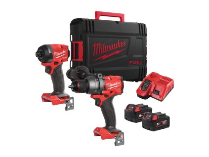 Milwaukee M18 FPP2A3-502X Sada nářadí M18 FUEL™. Sada obsahuje příklepovou vrtačku M18 FPD3-0, 1/4 Hex rázový utahovák M18 FID3-0, 2 akumulátory M18 B5, rychlonabíječku M12-18 FC, HD box.