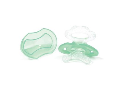 BABYONO Hryzačka silikónova bez BPA v tvare cumlíka s krytom zelená 3m+