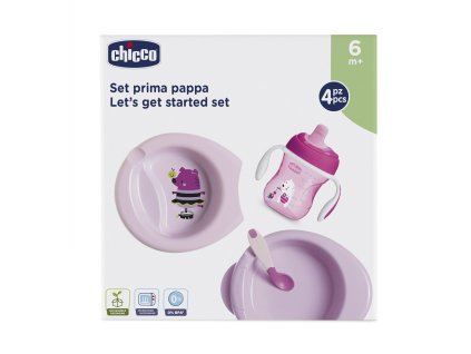 CHICCO Jedálenský set - tanier, lyžička, pohárik, 6m+ - ružový