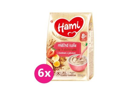 HAMI 6x HAMI Mliečna kaša so 7 obilninami s banánom a jahodami 210 g, 8+
