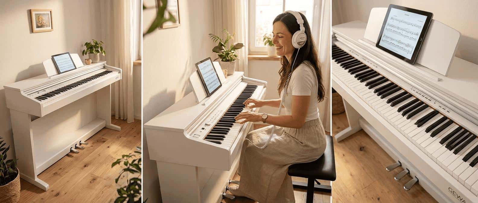 Trojitý obrázek - bílé digitální piano stojící v pokoji, mladá žena hraje na bílé digitální piano Gewa, na pultu na noty má tablet s notami, detal klaviatury.