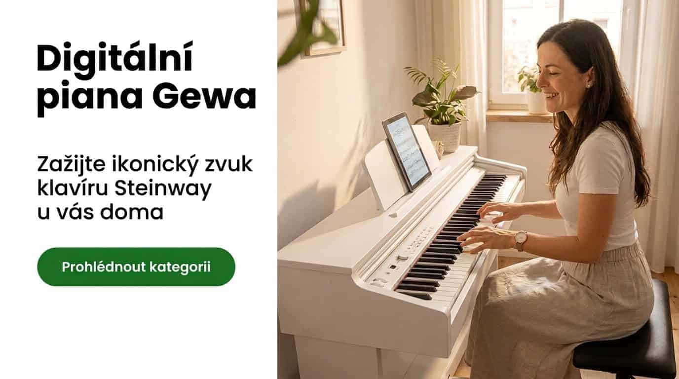 Mladá žena hraje na bílé digitální piano Gewa a na pultu pro noty má tablet s notami.