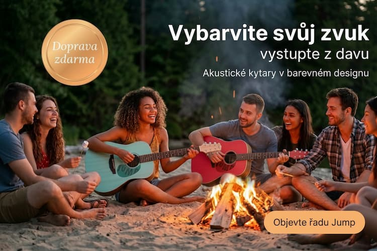 Lidé sedící u ohně v přírodě, hrají na barevné akustické kytary Applause JUMP a zpívají.