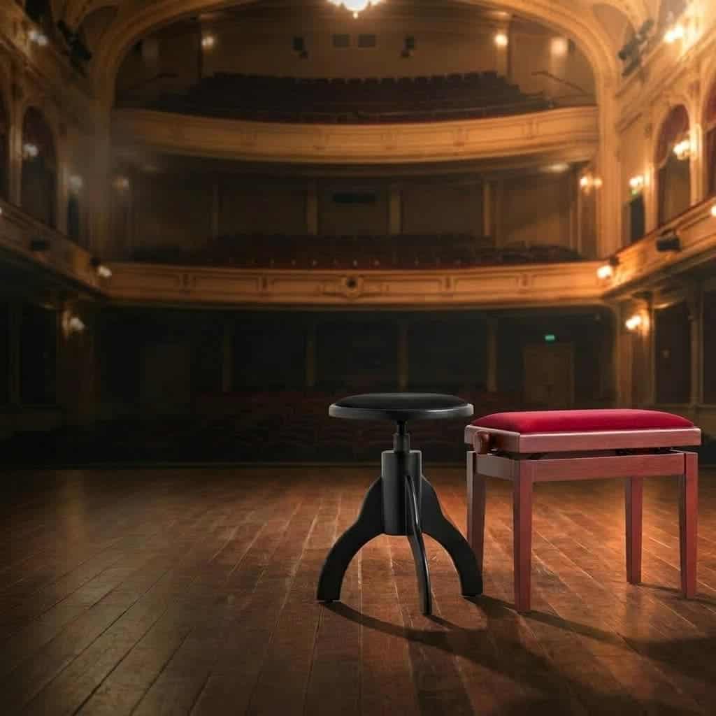 Klavírní stolička beethoven a otočná klavírní stolička stojí vedele sebe na pódiu v divadle.