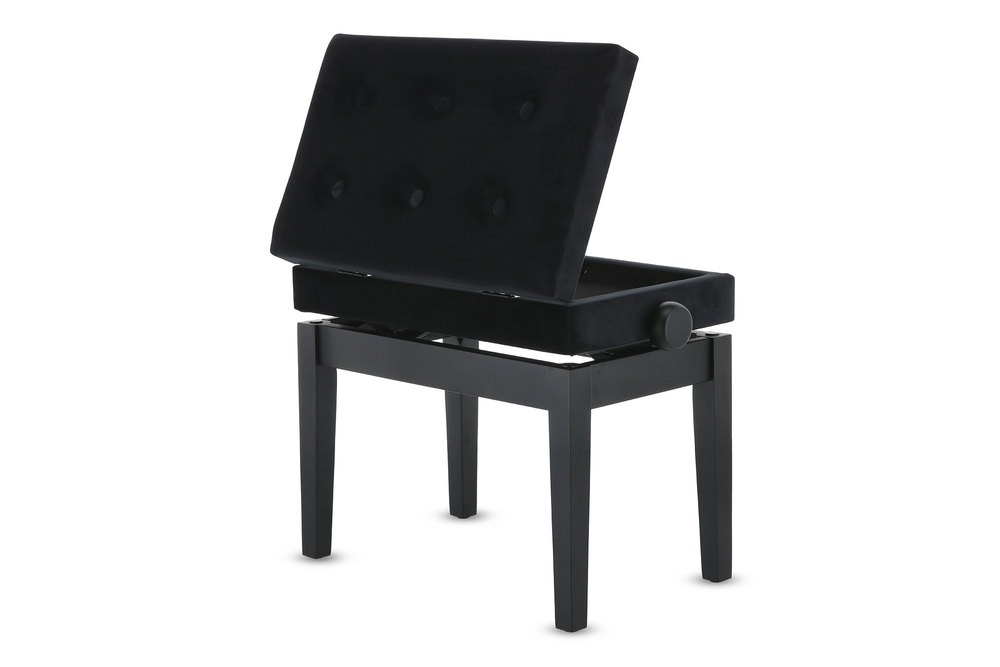 Klavírní stolička v černém matu s tmavým sametem po celém obvodu.