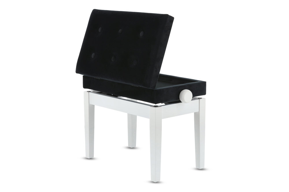 Klavírní stolička v bílém matu s tmavým sametem po celém obvodu.