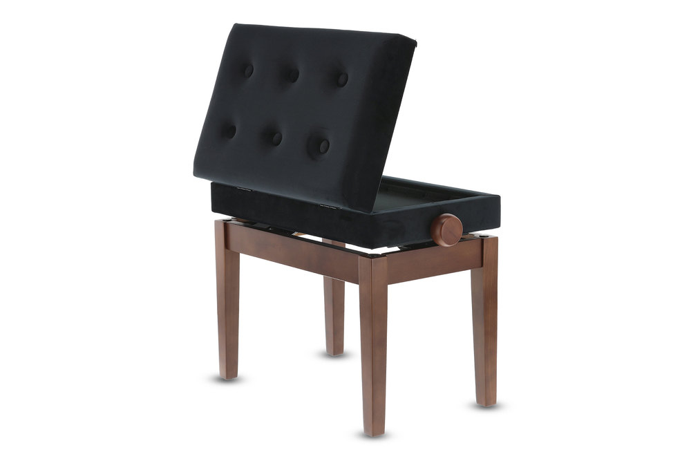 Klavírní stolička ořech mat s tmavým sametem po celém obvodu.