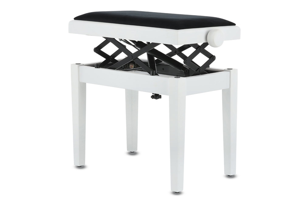 Stolička ke klavíru v bílém matu s kvalitním mechanismem a vysokou nosností.