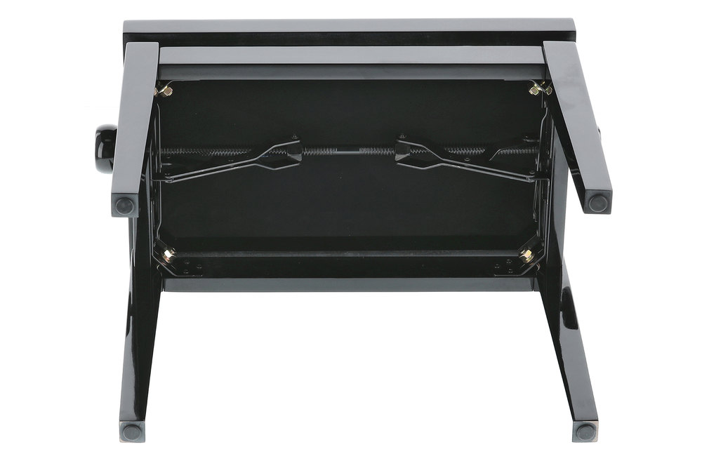 Masivní dřevěná konstrukce klavírní stoličky v černém lesku.